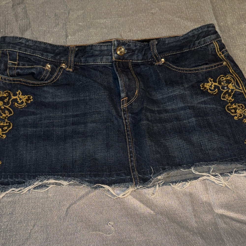 Express Dark Blue Denim Mini Skirt with Gold Accents